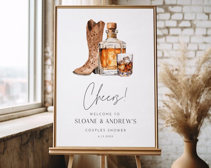 Boots and Bourbon Welcome Sign, Western Cowboy Boot & Whiskey, Bridal Shower, Editable Template, Templett, 18x24, 24x36 #0026H-298LS