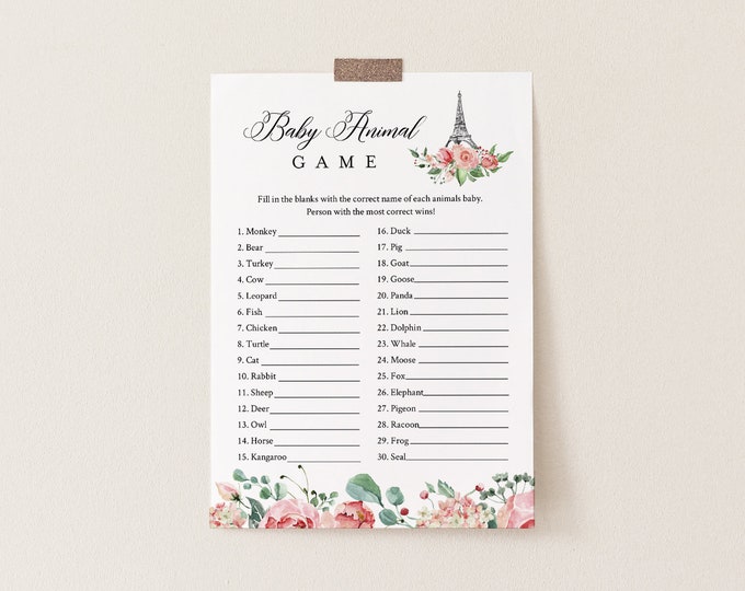 Paris Baby Animal Game, Printable Baby Shower Game, Eiffel Tower, Editable Template, Instant Download, Templett  #001-248BASG