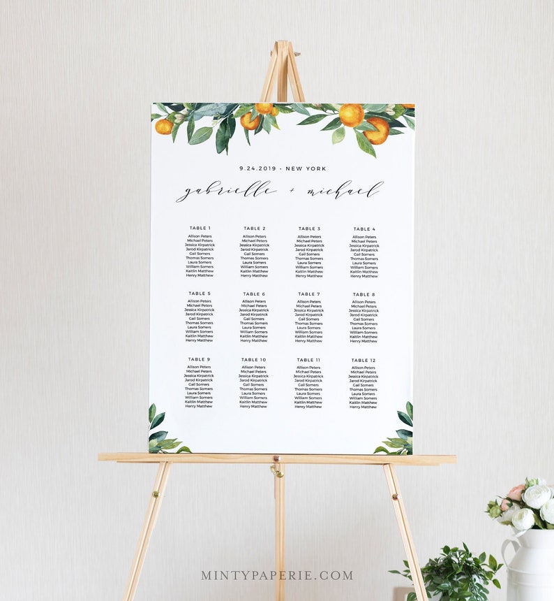 Citrus Wedding Seating Chart Template, Printable Orange Blossom & Greenery Seating Sign, 100% Editable Text, INSTANT DOWNLOAD 084-238SC image 1