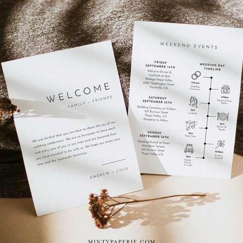 Modern Welcome Letter & Timeline Template, Minimalist Wedding Order of Events, Itinerary, INSTANT DOWNLOAD, 100% Editable Text #094-141WB