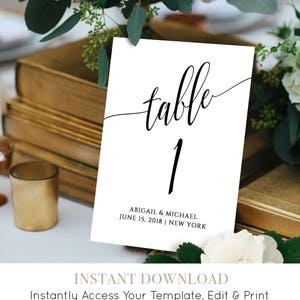 Plantilla de tarjeta de número de mesa de boda, caligrafía, Editable, imprimible, descarga instantánea, tarjeta de asiento de mesa DIY, 4x4 y 5x7, #020-112TC