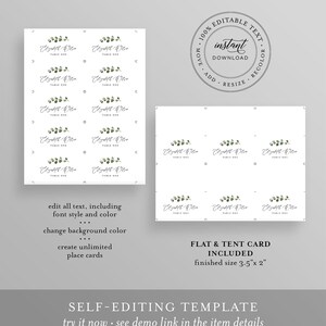 May include: Editable wedding table number template with a eucalyptus leaf design. The template is customizable with text, font style, color, and background color. The finished size is 3.5 inches by 2 inches.