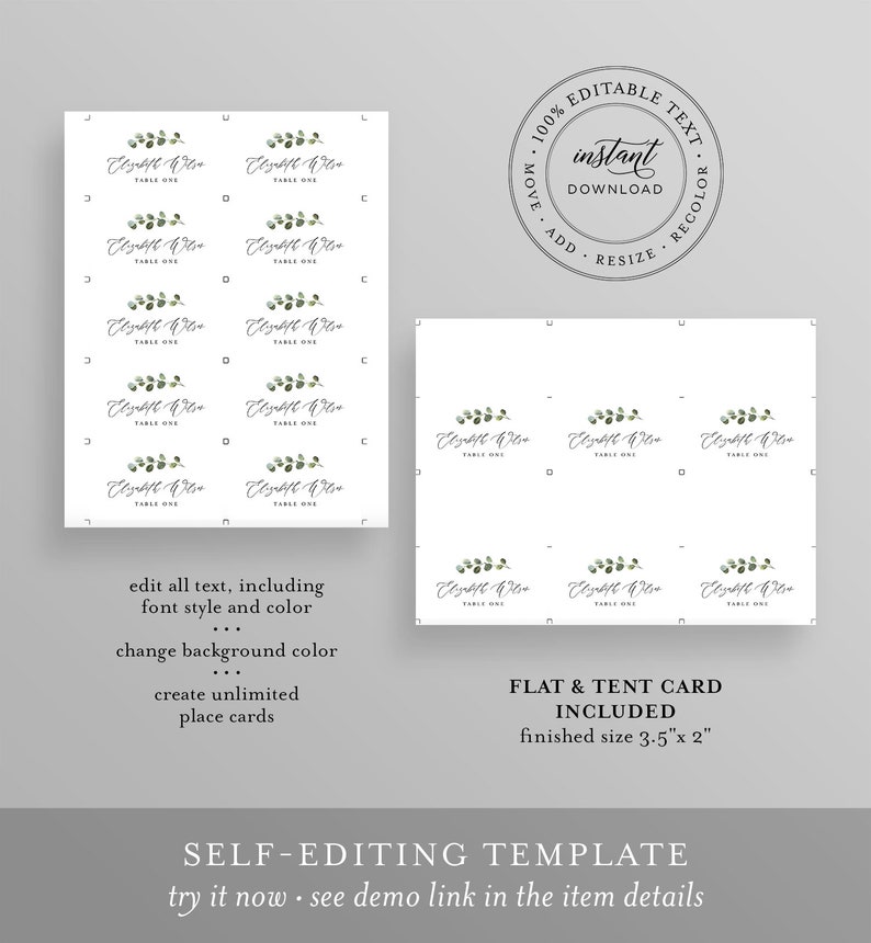 May include: Editable wedding table number template with a eucalyptus leaf design. The template is customizable with text, font style, color, and background color. The finished size is 3.5 inches by 2 inches.