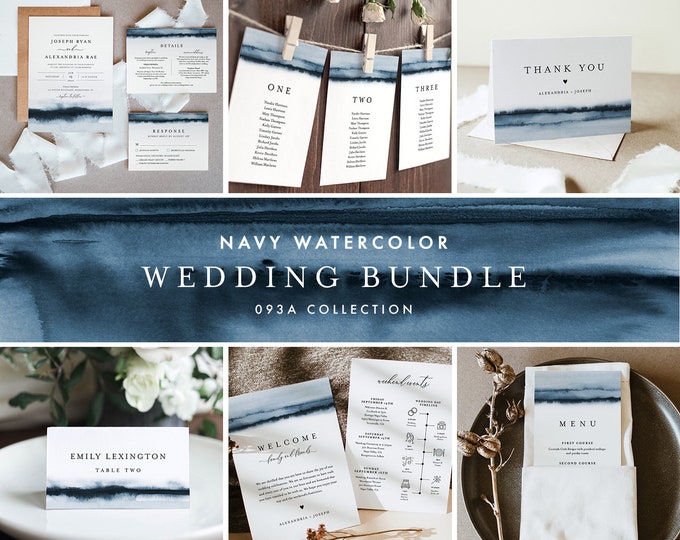 Navy Wedding Bundle, Watercolor Wedding Essential Templates, Invitation Suite, 100% Editable Text, Instant Download, Templett #093A-BUNDLE