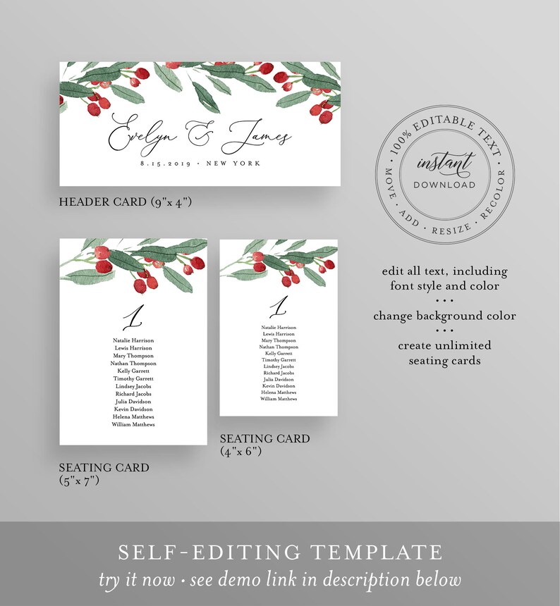 Christmas Holly Seating Cards Winter Wedding Seating Chart Template Printable Instant Download Templett #071-115SP 100/% Editable Text