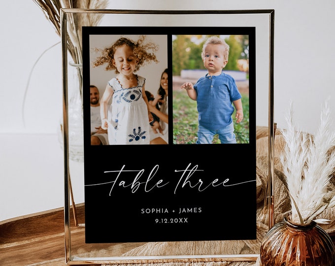Childhood Pictures Table Number Card, Classic Black Wedding Table, Photo Table Card, Editable Template, Instant, 5x7, 8x10 #0034B-222TC