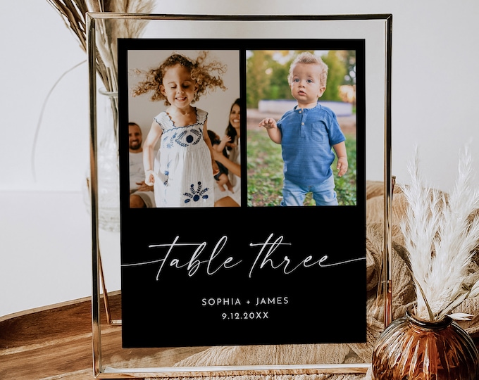 Childhood Pictures Table Number Card, Classic Black Wedding Table, Photo Table Card, Editable Template, Instant, 5x7, 8x10 #0034B-222TC