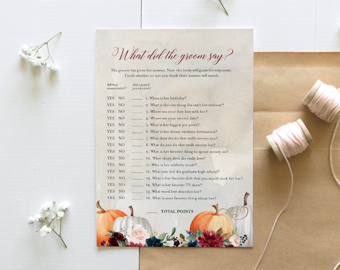Pumpkin What Did the Groom Say, Fall Bridal Shower Game, Printable Bridal Game, Editable Template, Instant Download, Templett #072A-328BG