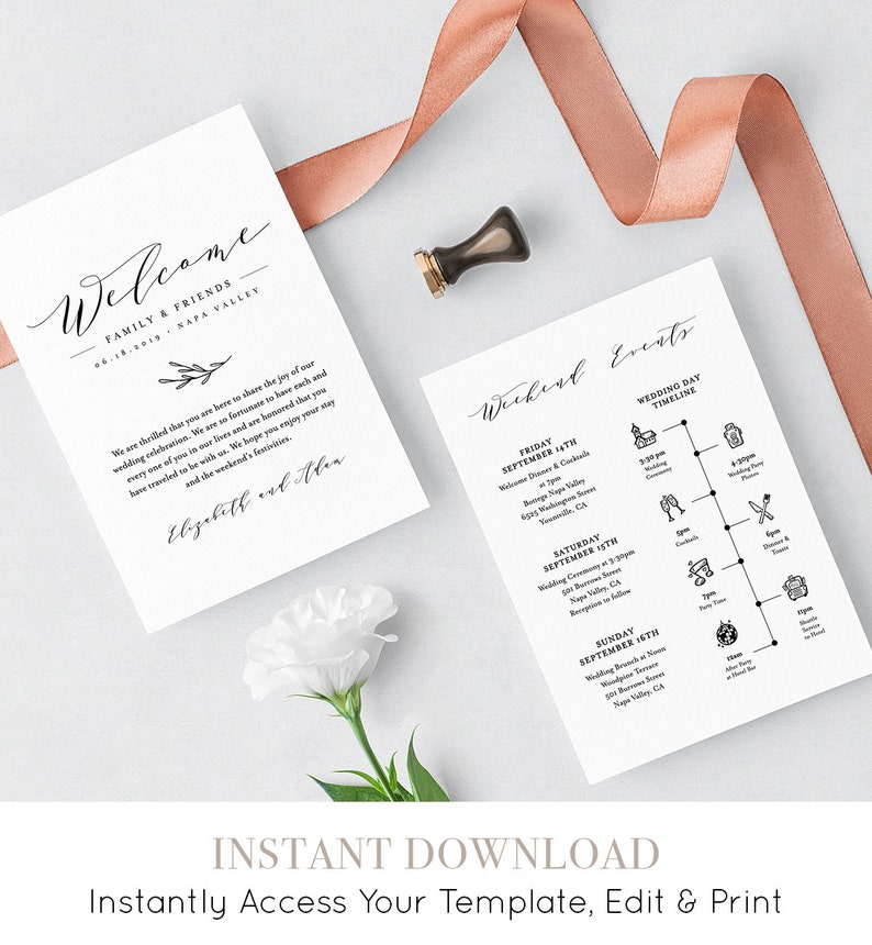 May include: A printable wedding weekend schedule template with a black and white design. The template includes a welcome message, a weekend schedule, and a wedding day timeline. The text includes the dates September 14th, 15th, and 16th.