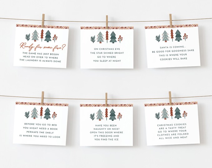 Christmas Treasure Hunt Cards, Scavenger Hunt, Holiday Party Game Printable, Editable Template, Instant Download, Templett #0033-143CG