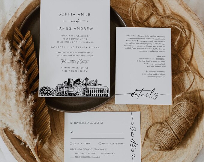Seattle Wedding Invitation Set, Seattle Washington Skyline, Photo Card, Editable Template, Includes Invite, RSVP, Details, Templett #0047