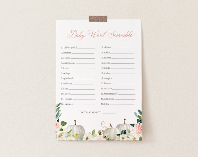 Baby Word Scramble Game, Baby Word Puzzle, Fall Pumpkin Baby Shower Game, Editable Template, INSTANT DOWNLOAD, Templett #072B-236BASG