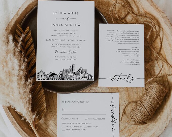 Denver Wedding Invitation Set, Denver Colorado Skyline, Photo Card, Editable Template, Includes Invite, RSVP, Details, Templett #0047
