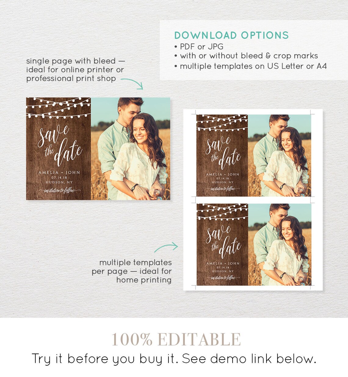 Rustic Save the Date Template Printable Photo Card 100% - Etsy
