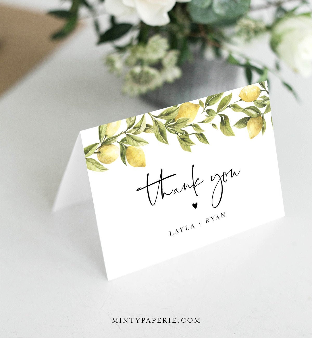 Thank You Card Template, Lemon Wedding Thank You, Bridal Shower Thank You  Folded Card, Note Card, Instant Download, Templett #21-21TYC With Template For Wedding Thank You Cards