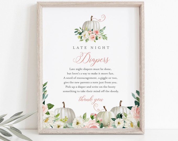 Late Night Diapers Sign, Printable Fall Pumpkin Baby Shower Game, Diaper Notes, Editable Template, INSTANT DOWNLOAD, Templett #072B-239BASG