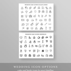 Peut inclure: Un graphique noir et blanc avec deux ensembles d'ic&ocirc;nes de jour de mariage. L'ensemble du haut est intitul&eacute; "Wedding Day Icons (Clean Lines)" et l'ensemble du bas est intitul&eacute; "Wedding Day Icons (Doodle)". Les ic&ocirc;nes comprennent des images d'alliances, d'une &eacute;glise, d'un g&acirc;teau, d'une voiture, d'une robe, d'un smoking, d'un c&oelig;ur, d'un n&oelig;ud papillon, d'une cravate, d'une bouteille de champagne, d'un microphone, d'un appareil photo, d'une note de musique, d'un feu d'artifice, d'un cadeau, d'une cloche, d'une boule disco, d'une lettre d'amour, et plus encore.