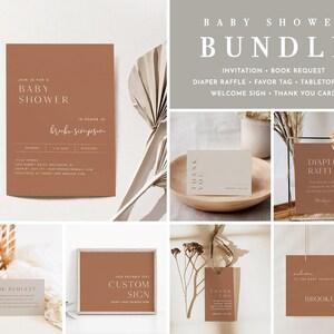 Terra Cotta Baby Shower Bundle, Invite, Demande de livre, Étiquette de faveur, Carte de remerciement, Texte 100% modifiable, Téléchargement instantané, Templett #0020-BNDL
