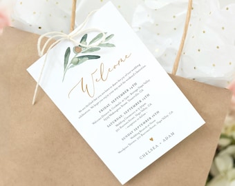 Greenery Welcome Letter Tag, Olive Welcome Bag Note & Itinerary Template, Printable Order of Events, INSTANT DOWNLOAD, Templett #081-107WBT