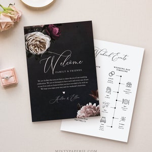 Welcome Letter & Timeline Template, Vintage Moody Florals, Wedding Bag, Order of Events, INSTANT DOWNLOAD, 100% Editable Text #009-133WB