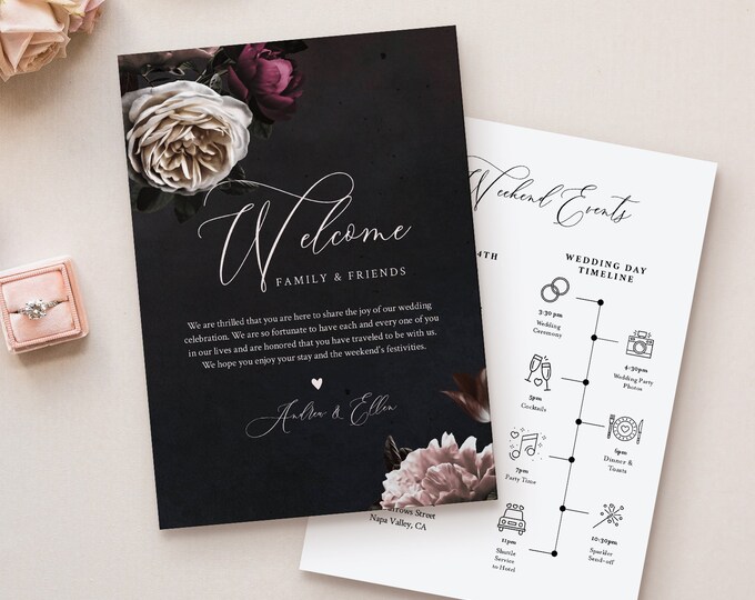 Welcome Letter & Timeline Template, Vintage Moody Florals, Wedding Bag, Order of Events, INSTANT DOWNLOAD, 100% Editable Text #009-133WB