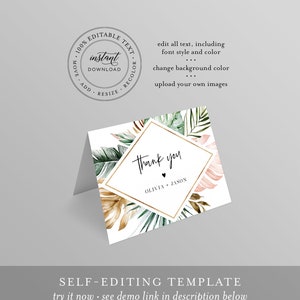 May include: Editable thank you card template with a tropical theme. The card features a gold geometric frame with green and brown palm leaves and the text "Thank you" with the names "Olivia + Jason".