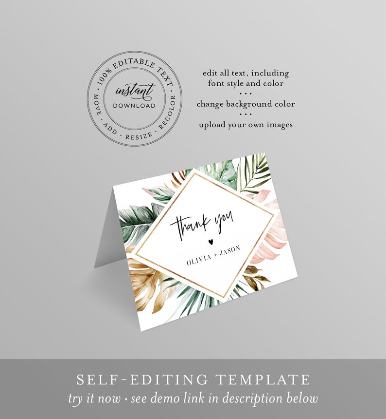 May include: Editable thank you card template with a tropical theme. The card features a gold geometric frame with green and brown palm leaves and the text "Thank you" with the names "Olivia + Jason".
