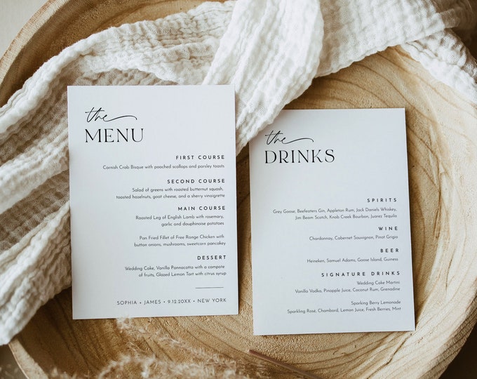 Dinner and Drink Menu Template, Printable Modern Wedding Reception/ Bar Menu Card, 100% Editable, Instant, Templett, 5x7 #0032-223WM