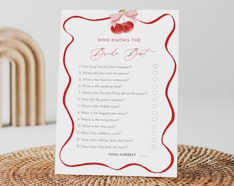How Well Do You Know the Bride, Coquette Cherry Who Knows the Couple Best, Summer Bridal Shower Game, Editable Template, Instant #0056-03BRG