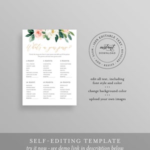 May include: A printable bridal shower game card with a floral design. The card has the title "What's in your purse?" and lists items with points assigned to each. The card also includes the text "100% Editable Text, Instant Download, Move, Add, Resize, Recolor, Edit all text, including font style and color, Change background color, Upload your own images, Self-Editing Template, Try it now - see demo link in description below."