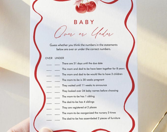 Cherry Over or Under Baby Shower Game, Coquette Cherry Girl Baby Shower Game, Bow, Editable, Instant Download, Templett  #0056-15BAG