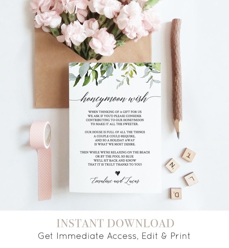 Honeymoon Fund Card, Honeymoon Wish Poem Template, Wedding Insert Card, INSTANT DOWNLOAD, Editatable Text, Printable, Templett 016-112EC image 1