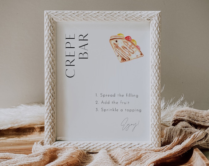 Crepe Bar Sign, Wedding Crepe Station, Bridal Shower Crepe Sign, Pancake, Dessert Menu, Minimalist, Editable, Instant, Templett #0026B-63S