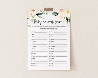 Baby Animal Game, Printable Baby Shower Game, Editable Template, Peach Floral & Greenery, Instant Download, Templett  #076-144BG