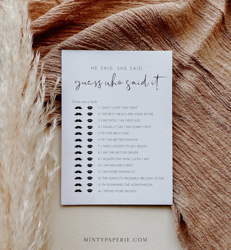 He Said She Said Bridal Shower Game, Guess Who Said It, Minimalist Bridal Game, Editable Template, Instant Download, Templett 0031-05BRG image 2