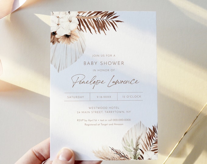 Bohemian Baby Shower Invitation, Baby Shower Invite, Boho, Pampas, Dried Foliage, Editable Template, Instant Download, Templett #0028A-220BA