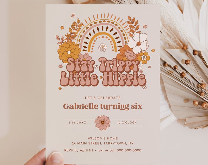 Groovy Birthday Invitation, Stay Trippy Little Hippie, Retro, 70's Vibe, Any Age Invite, Editable Template, Instant, Templett #050-116BD