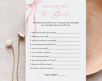 All Eyes on the Bride Game, Coquette Bow Bridal Shower Game, Pink Ribbon, Guess the Brides Outfit, Editable Template, Templett #0057-17BRG