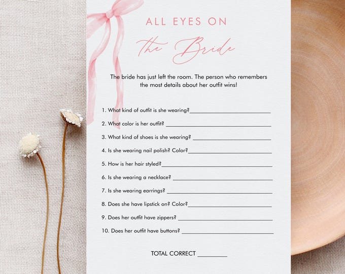 All Eyes on the Bride Game, Coquette Bow Bridal Shower Game, Pink Ribbon, Guess the Brides Outfit, Editable Template, Templett #0057-17BRG