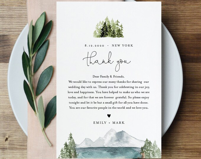 Lake Thank You Letter, Napkin Note, Printable Pine Wedding Menu Thank You, Editable Template, Instant Download, Templett, 4x6 #017A-136TYN