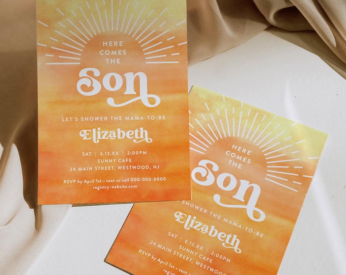 Here Comes the Son Baby Shower Invitation, Boho, Watercolor Sun, Baby Boy, Editable Template, Instant Download, Templett #0048-248BA