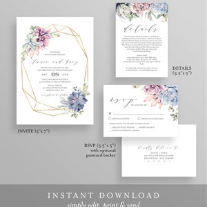 Succulent Wedding Invitation Set, Instant Download, 100% Editable Template, Printable Boho Cactus Invite, RSVP & Detail, Templett, DIY 041A image 2