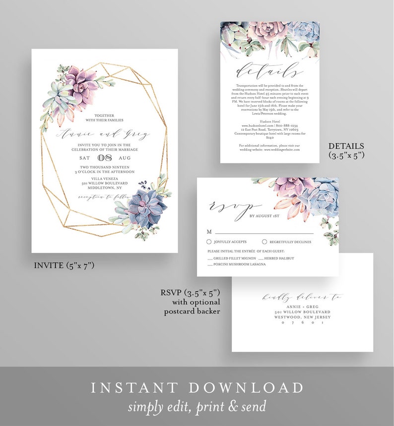 Succulent Wedding Invitation Set, Instant Download, 100% Editable Template, Printable Boho Cactus Invite, RSVP & Detail, Templett, DIY 041A image 2