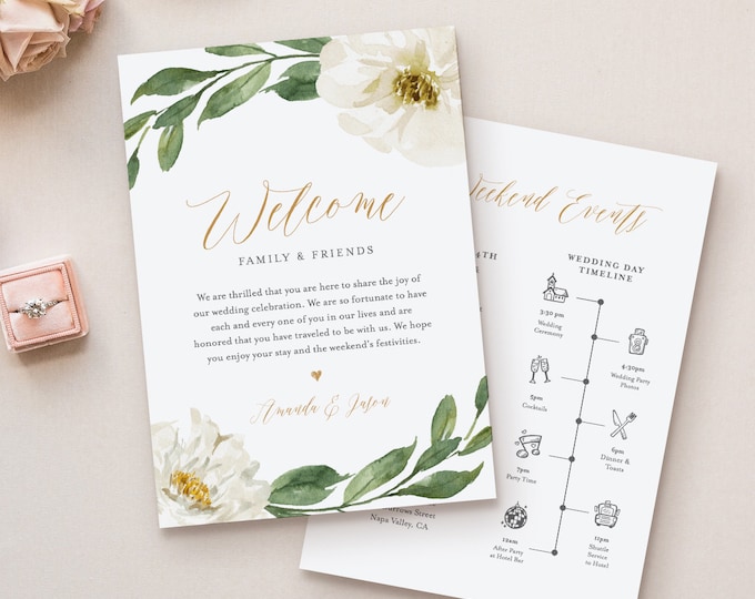 Timeline & Wedding Welcome Letter Template, Boho Greenery Wedding Bag Note, Order of Events, INSTANT DOWNLOAD, 100% Editable Text #067-118WB