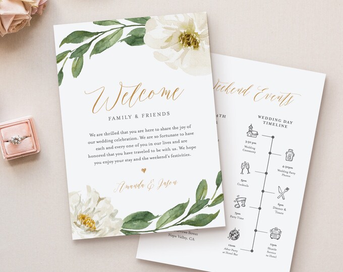 Timeline & Wedding Welcome Letter Template, Boho Greenery Wedding Bag Note, Order of Events, INSTANT DOWNLOAD, 100% Editable Text #067-118WB