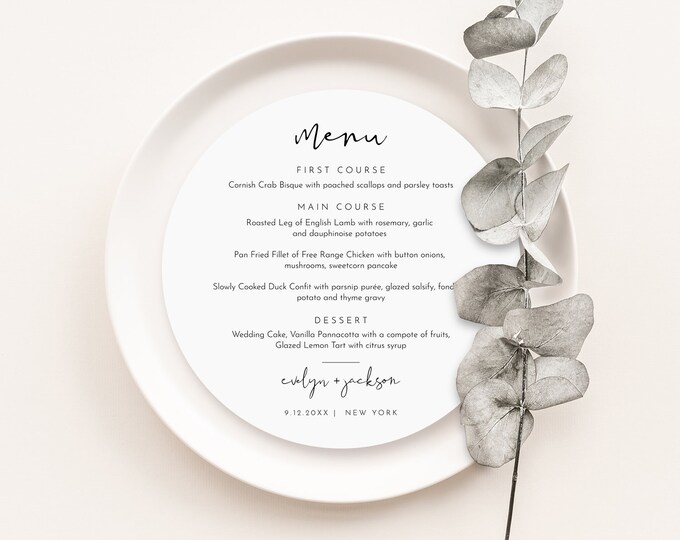 Round Minimalist Menu Template, Printable Modern & Simple Wedding Dinner Menu Square Card, 100% Editable, Instant, Templett #0031-216WM
