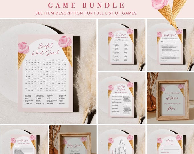 Ice Cream Bridal Shower Game Bundle, 36 Games, the Scoop, Wedding Shower Games, Editable Template, Instant Download, Templett #0035-BGB