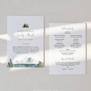May include: Wedding ceremony program with a watercolor illustration of mountains and trees. The program includes the names Emily and Mark, the date August 14, 2020, and the location New York. The program also includes the order of events for the ceremony.