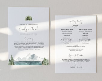 Lake Wedding Program, Fan or Flat Program, Mountain & Pine Order of Service, Editable Template, Instant Download, Templett #017A-424WP