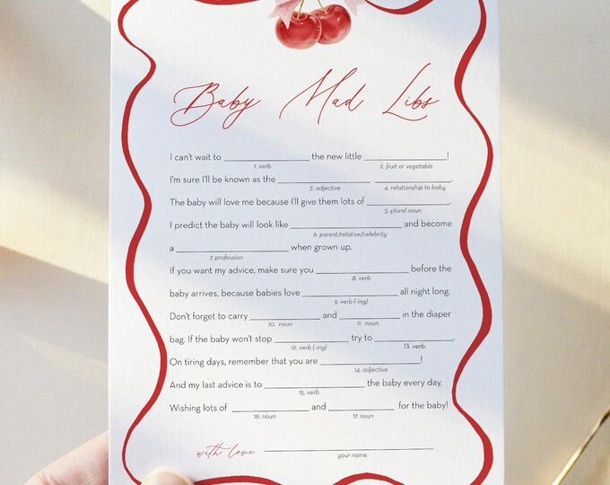 Cherry Baby Shower Mad Libs Game, Coquette Bow Baby Shower Mad Libs Game, Girl, Printable, Instant Download, Templett #0056-32BAG